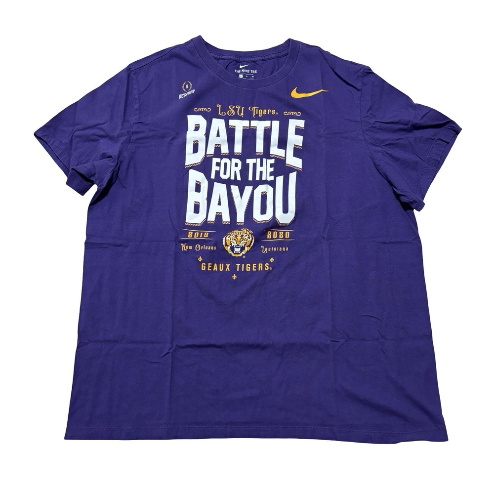 Nike LSU Tigers Unisex Battle For The Bayou T Shirt Purple Size XL 23.5 x 29